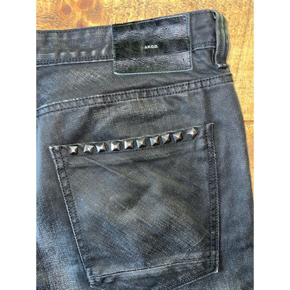 Mens Akoo Black Moto Studded Zipper Biker Goth Rock Relaxed Jeans Size‎ 40 - Picture 9 of 13